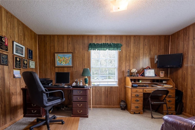 carpeted office space featuring wood walls and a textured ceiling