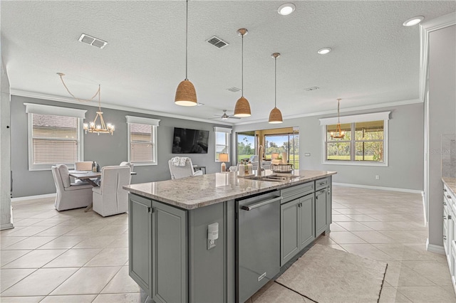kitchen featuring a sink, visible vents, gray cabinetry, and dishwasher