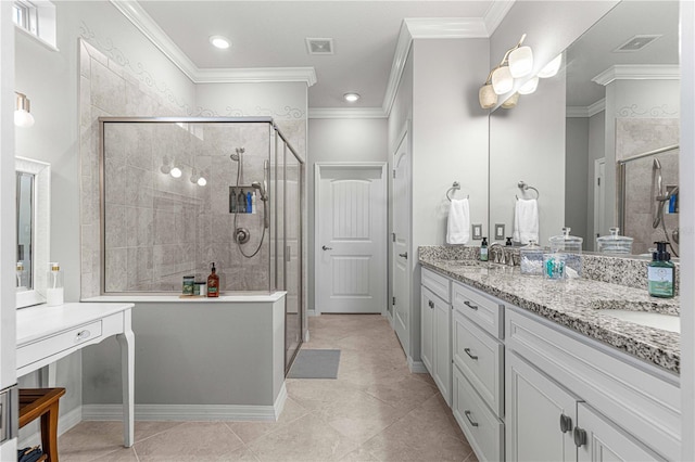 bathroom featuring crown molding, vanity, tile patterned floors, and walk in shower