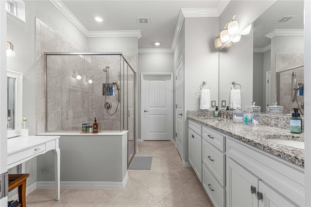 full bath featuring visible vents, a stall shower, and ornamental molding