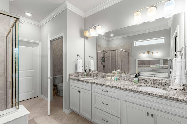 bathroom featuring tile patterned floors, walk in shower, toilet, vanity, and ornamental molding