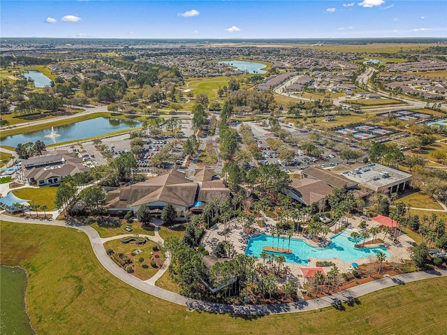 aerial view with a residential view and a water view