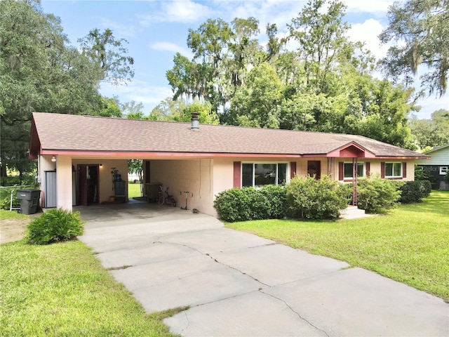 ranch-style house with a front lawn and a carport