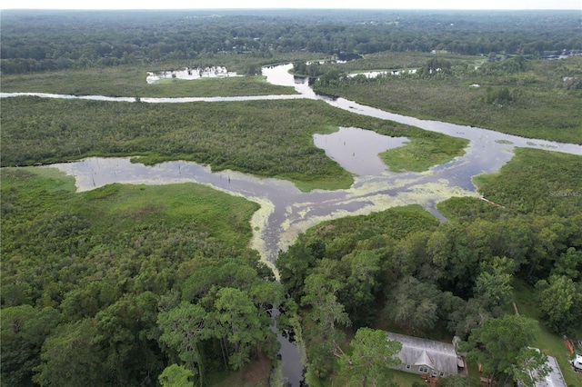 drone / aerial view featuring a water view and a wooded view