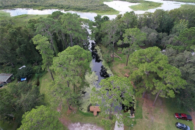 aerial view featuring a water view and a wooded view