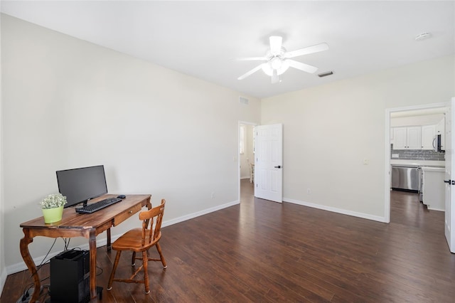 office space with ceiling fan and dark hardwood / wood-style flooring