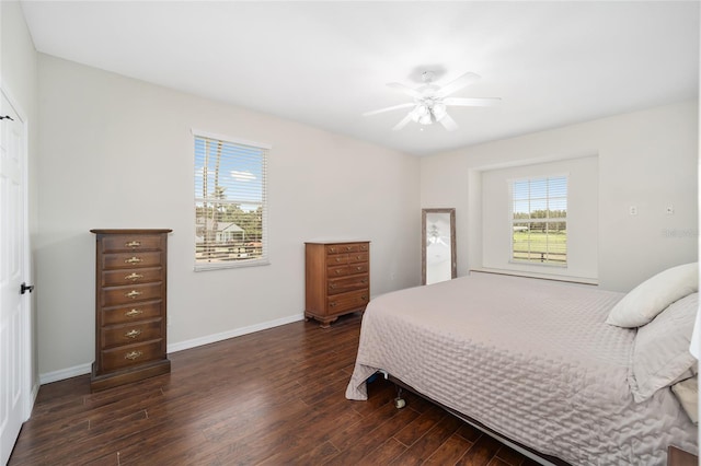 bedroom with ceiling fan, dark hardwood / wood-style floors, and multiple windows