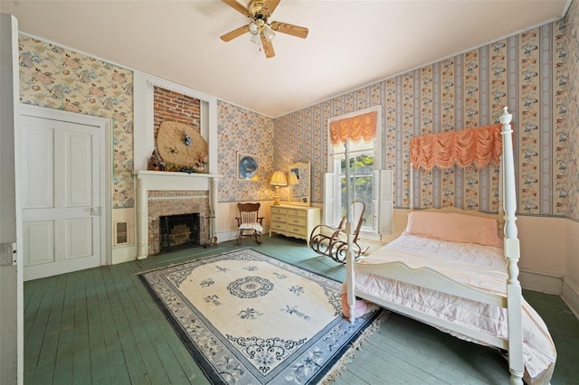 bedroom featuring dark wood-type flooring and ceiling fan