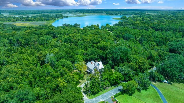 bird's eye view with a water view