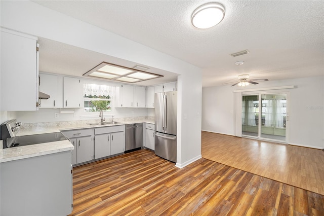 kitchen with appliances with stainless steel finishes, open floor plan, dark wood-style flooring, light countertops, and a sink