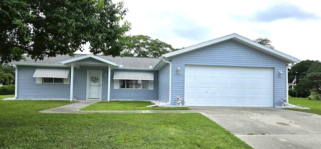 ranch-style home featuring a front yard and a garage