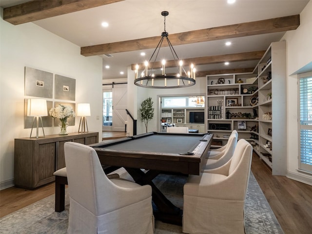 rec room with beam ceiling, billiards, a barn door, and hardwood / wood-style floors