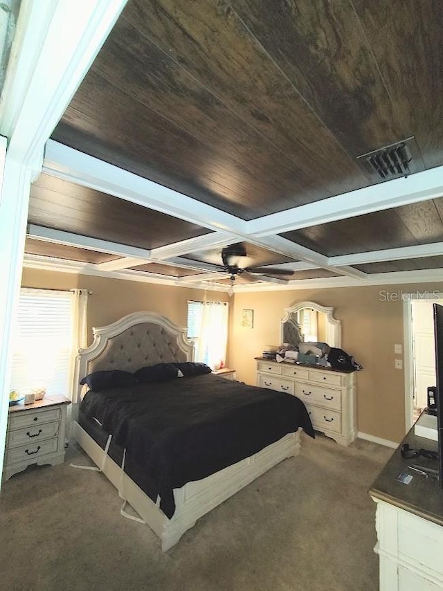 bedroom featuring dark carpet, wooden ceiling, coffered ceiling, ceiling fan, and beam ceiling