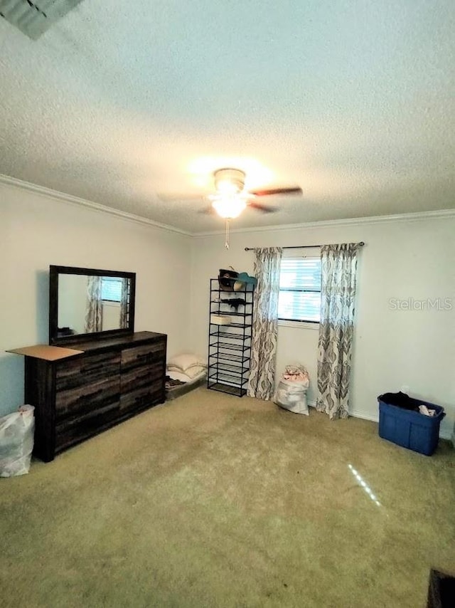 miscellaneous room featuring a textured ceiling, carpet floors, and crown molding