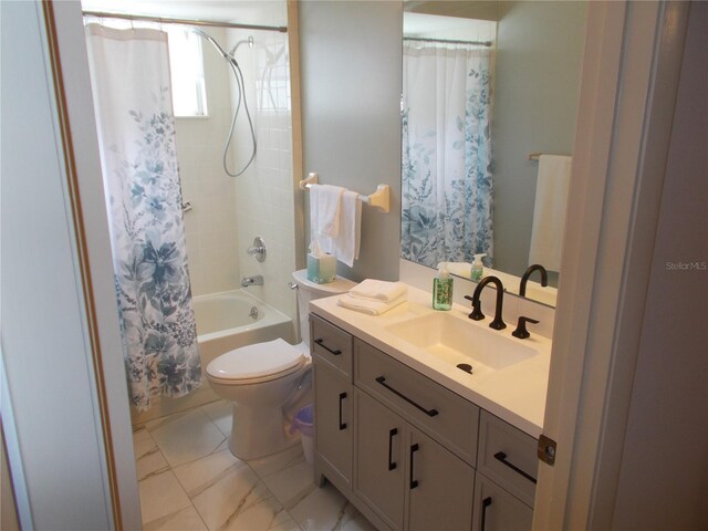 full bath featuring toilet, shower / bathtub combination with curtain, and vanity