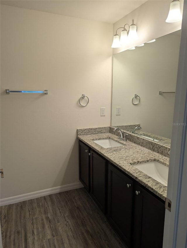 bathroom featuring wood-type flooring and dual bowl vanity