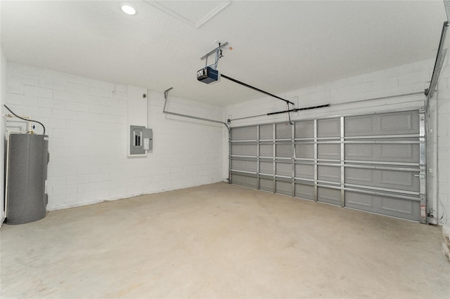 garage featuring electric water heater, electric panel, and a garage door opener