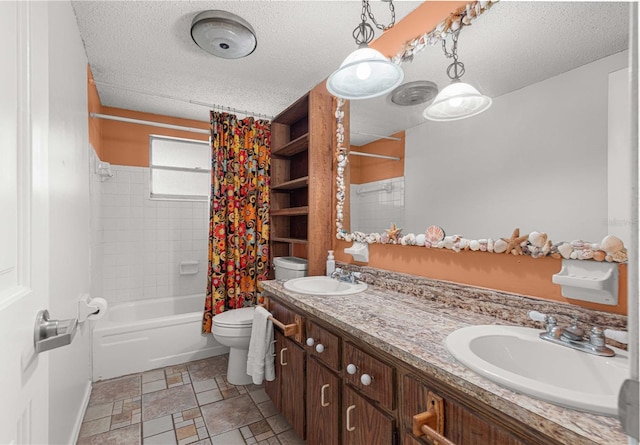 full bathroom with double vanity, a textured ceiling, shower / bath combination with curtain, toilet, and tile patterned flooring