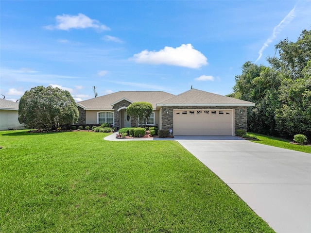 single story home with roof with shingles, a front yard, a garage, stone siding, and driveway