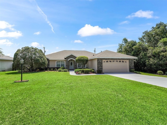 single story home with a garage, stone siding, concrete driveway, and a front yard