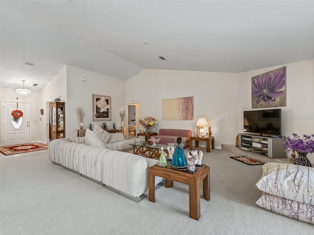 living room with lofted ceiling, visible vents, and light colored carpet