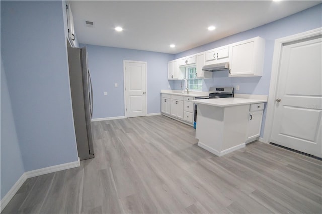 kitchen featuring light hardwood / wood-style flooring, kitchen peninsula, white cabinets, stainless steel appliances, and sink