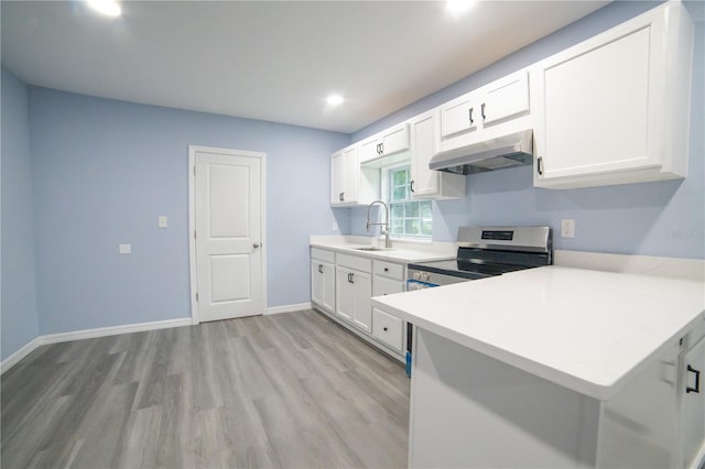 kitchen with kitchen peninsula, white cabinets, wall chimney range hood, light hardwood / wood-style floors, and sink