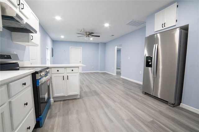 kitchen with light wood-type flooring, stainless steel refrigerator with ice dispenser, range with electric stovetop, and white cabinets