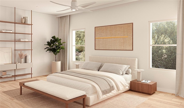 bedroom featuring ceiling fan, light hardwood / wood-style flooring, and ornamental molding