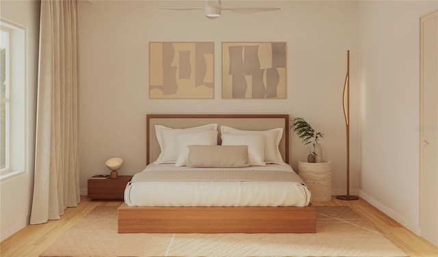 bedroom with hardwood / wood-style flooring and ceiling fan