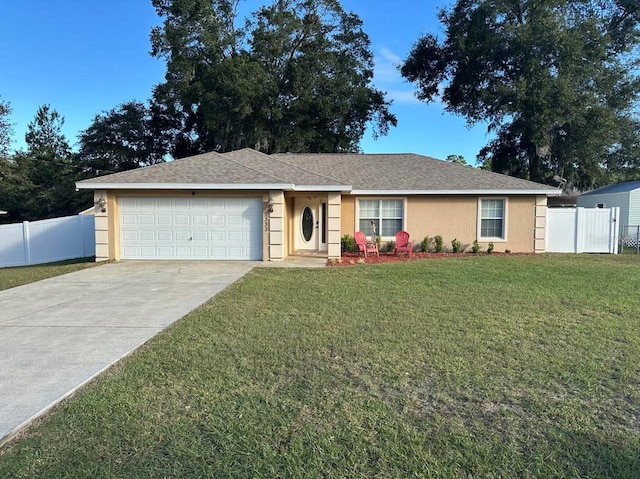 ranch-style house with a front lawn and a garage