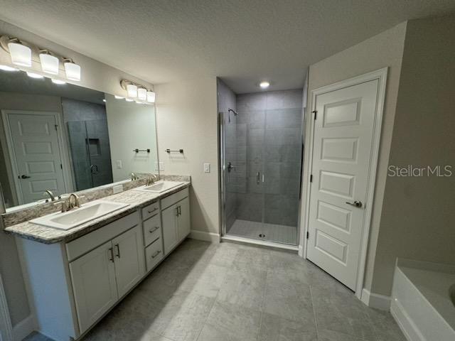 bathroom featuring vanity and independent shower and bath