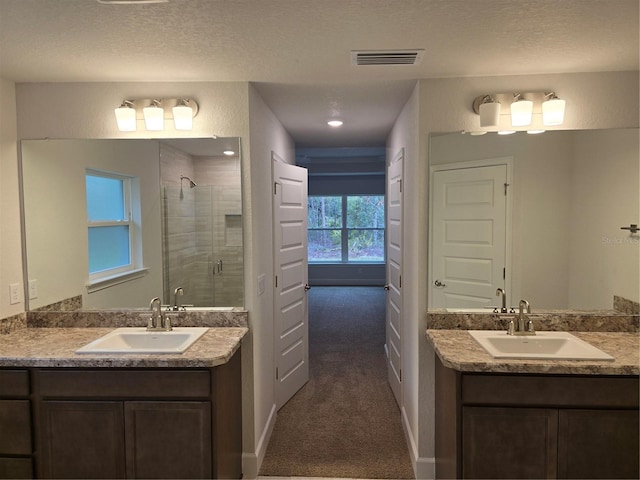 bathroom with vanity and a shower with shower door