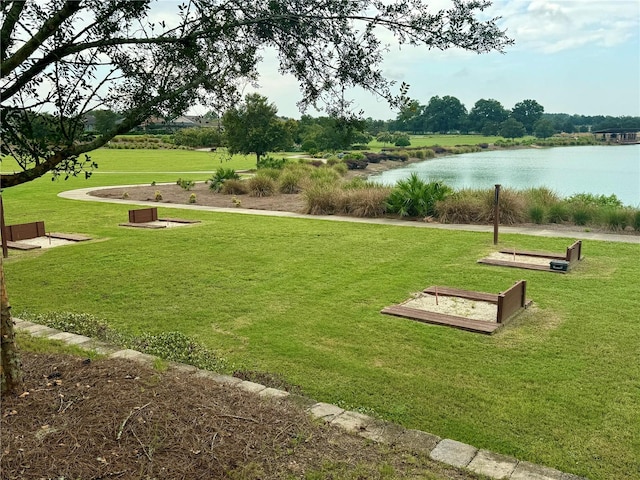 view of property's community featuring a water view and a yard