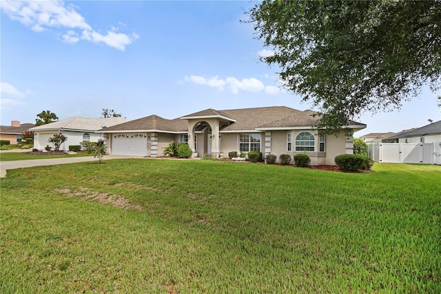 ranch-style house featuring a garage and a front yard