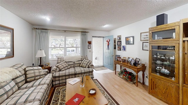 living room with a textured ceiling and light hardwood / wood-style floors