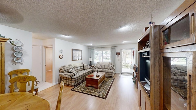 living room featuring a textured ceiling and light hardwood / wood-style floors