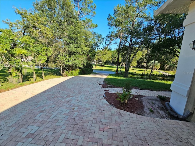 view of property's community with decorative driveway and a yard