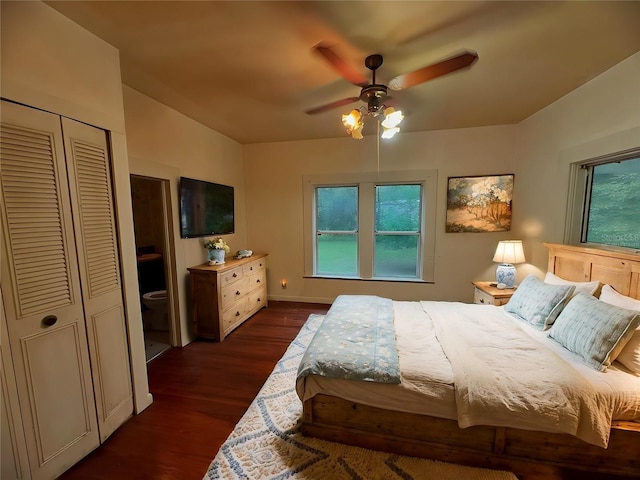 bedroom featuring ceiling fan, a closet, and dark hardwood / wood-style floors