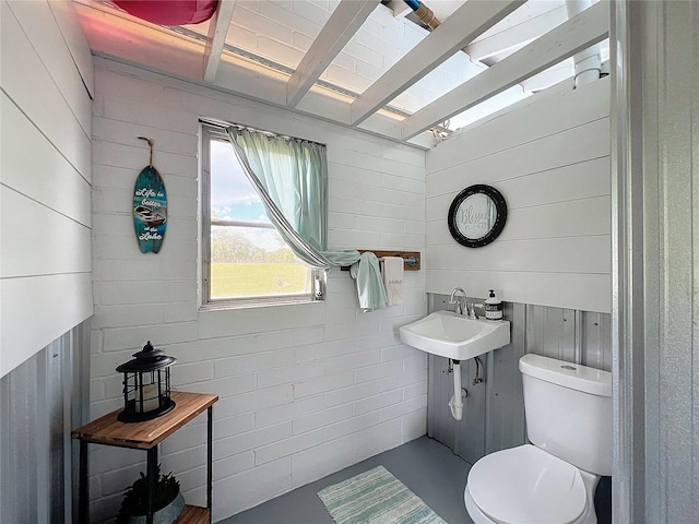 bathroom with wood walls, toilet, and sink