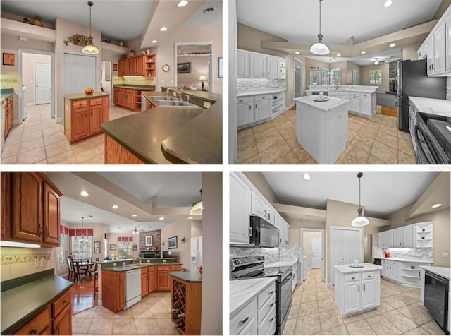 kitchen featuring black appliances, hanging light fixtures, a center island with sink, and white cabinets