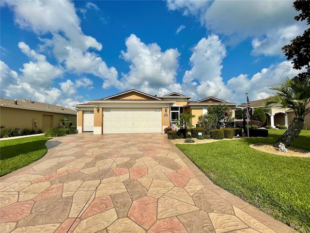 ranch-style house with a garage and a front lawn