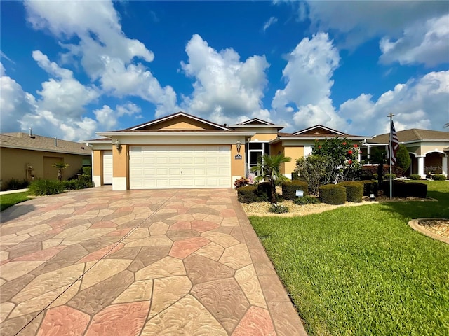 ranch-style house with a front yard and a garage