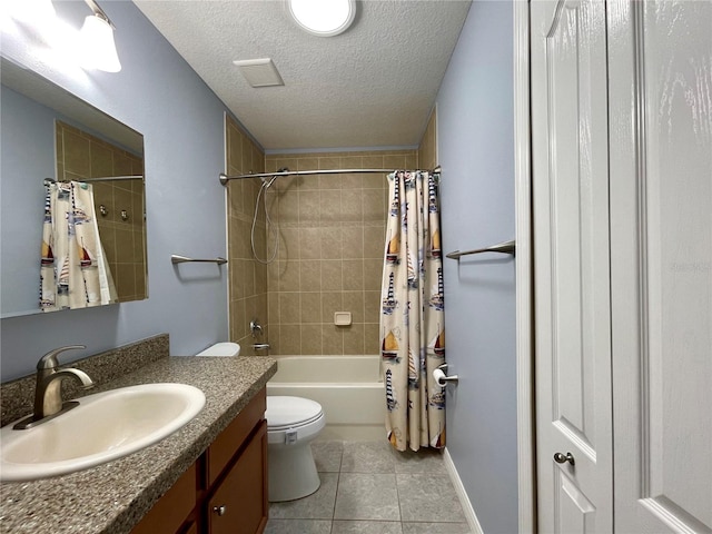 full bathroom featuring a textured ceiling, toilet, tile patterned floors, shower / bath combination with curtain, and vanity