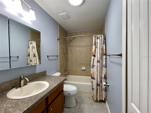 full bathroom with a textured ceiling, toilet, tile patterned floors, vanity, and shower / bathtub combination with curtain