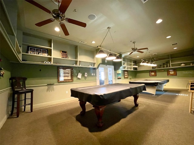 playroom featuring ceiling fan, billiards, and carpet flooring