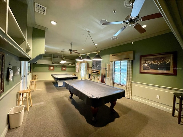 game room featuring ceiling fan, pool table, carpet, and crown molding