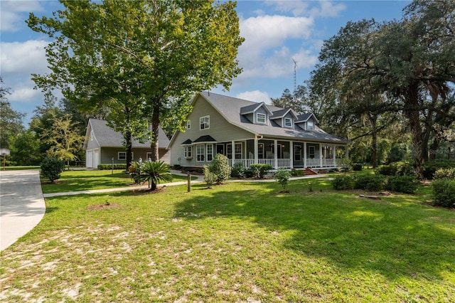 cape cod home featuring a front lawn and a porch