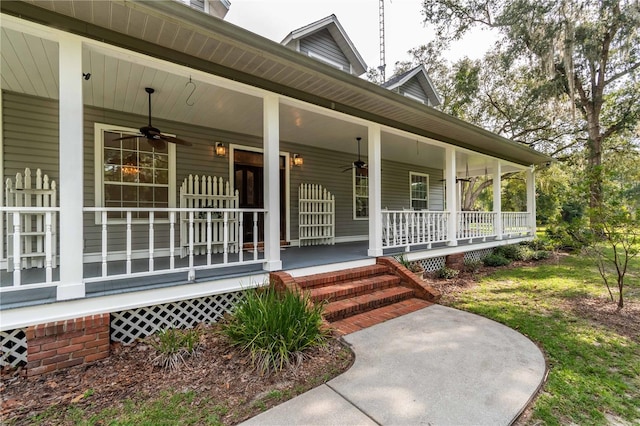 property entrance with a porch and ceiling fan