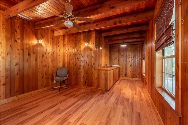 interior space with a ceiling fan, wood ceiling, light wood-style floors, wood walls, and beamed ceiling